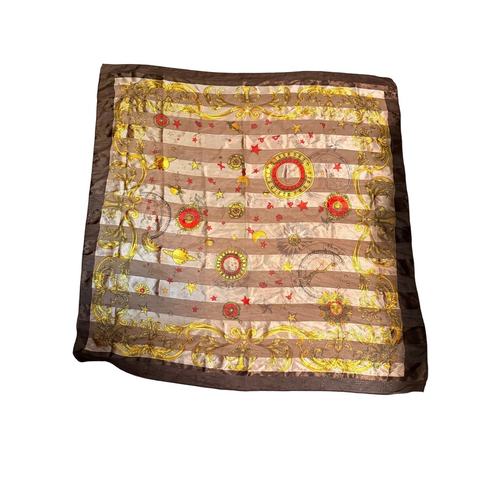 Vintage Celestial Astrology Baroque Silk Feel Square Scarf Bronze Brown Gold